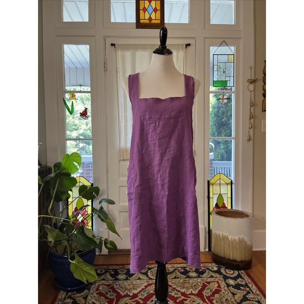 M&M 100% Linen Cross Back Smock Apron One Size Purple Molly Morris Design $100